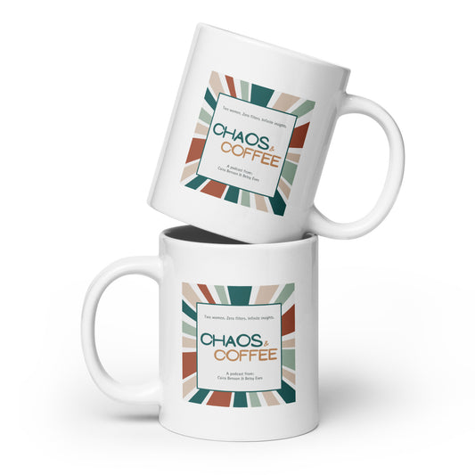 Chaos & Coffee Podcast white glossy mug